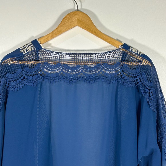 Kori America Blue Kimono Small Medium Crochet Trim Pom Pom Open Front - Picture 7 of 7